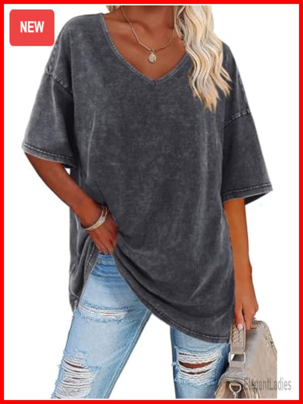 Oversized Cotton V Neck Tunic Tee Short Sleeve Boyfriend Fit